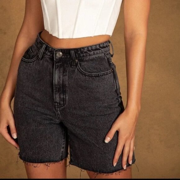 Meshki Pants - 🏷️ NWT Meshki Kirra Washed Black Denim Raw Hem Longline Boyfriend Jean Shorts